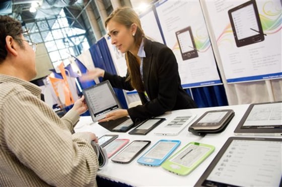 E-book readers from Chinese manufacturer Hanvon are seen on display at the Book Expo America in New York, Wednesday, May 25, 2011.